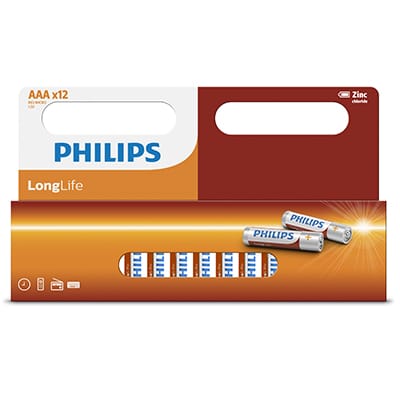 Philips Longlife Zinc AAA Batteries 1.5V 12 Pack Window