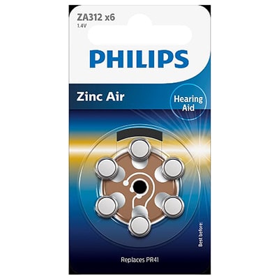 Philips Mini Cells Zinc Air Battery ZA312 6 Pack
